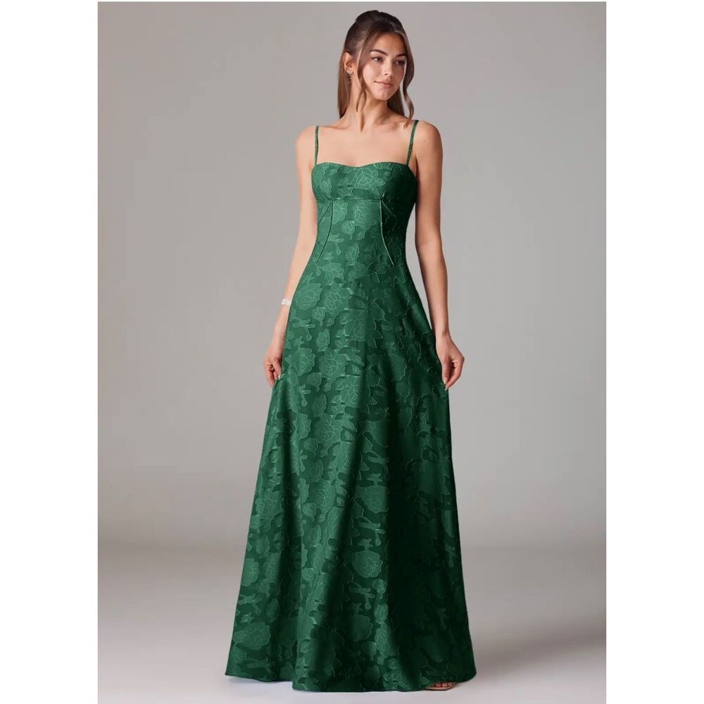 Azazie Emerald Green Floral Jacquard Strap Maxi Dress
